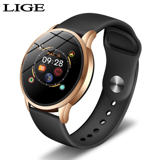 LIGE-reloj inteligente de lujo para mujer, deportivo, resistente al agua, con control del ritmo cardíaco y de la presión sanguínea, podómetro para Android e ios: Golden shell