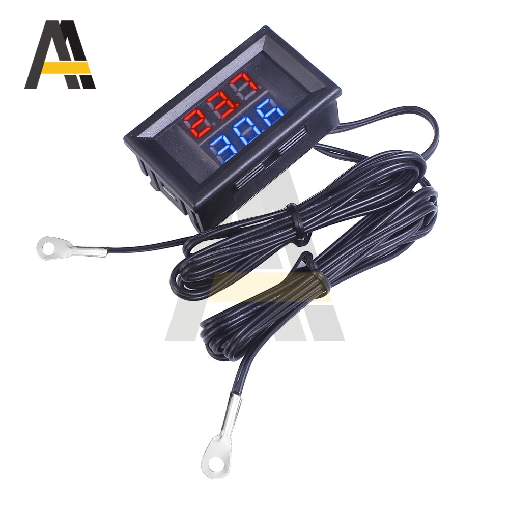Dual display digital termometer ntc metal vandtæt dobbelt probe  dc4-28v lcd indendørs praktisk elektronisk temperatursensor: Rødblå