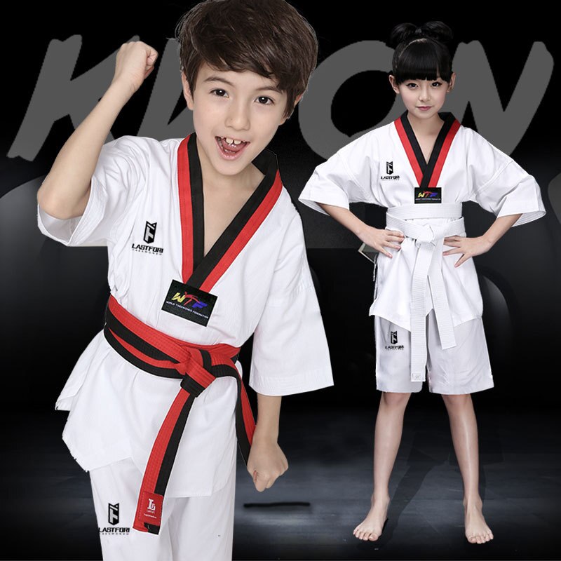 Tradicional de los niños Dobok para Taekwondo ropa adulto manga larga WTF Karate uniforme blanco de los hombres de algodón Mujer Fitness traje de entrenamiento: red / 160
