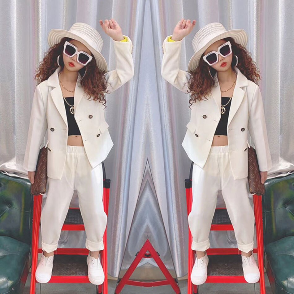 Girls Formal Suit Blazer Jacket + Pants 2pcs Dress Kids Wedding Party Clothing Set Teenager Girls School Performance Suit: White / 9-10T