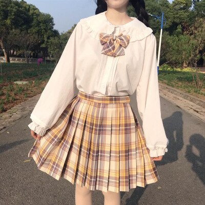 Uniforme escolar Kawaii Girl JK, blusa con cuello de muñeca Falbala de manga larga, falda escocesa plisada con lazo, cárdigan holgado con capucha