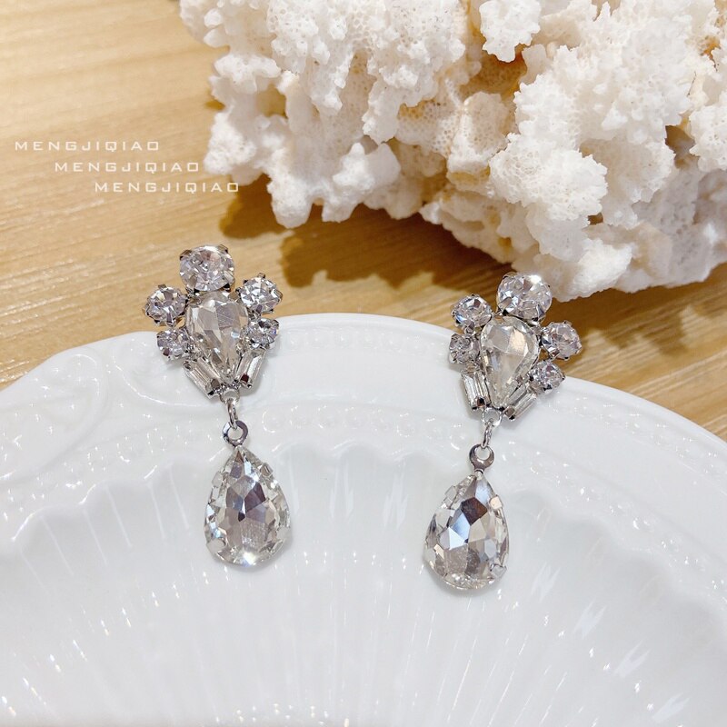 MENGJIQIAO Silver Color Waterdrop Crystal Dangle Earrings For Women Girls Party Pendientes Jewelry