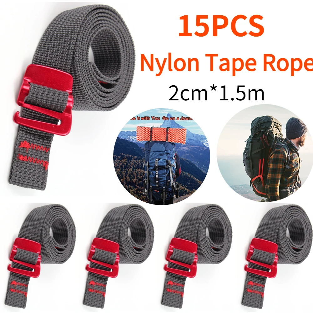 1.5m Outdoor Travel Backpack Nylon Tape Rope with Quick Release Hook Hiking Climbing Tension Belts Buckle Tie-Down Belt Straps