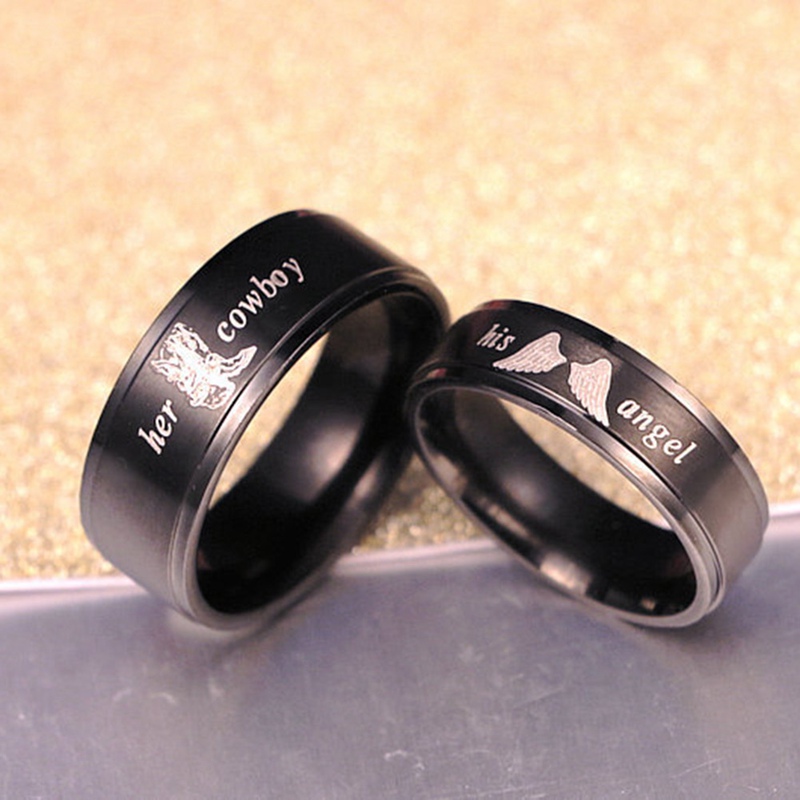 1 st Zijn Angel Haar Cowboy Letters Print Fashipon Liefhebbers Ring Vrouwen Mannen Paar Mode Verlovingsring Sieraden