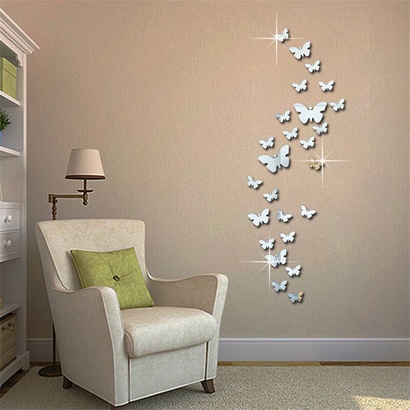 Espejo de mariposa 3D para decoración de la habitación de los niños, pegatina de pared, arte extraíble, decoración de boda, cristal, 12 unids/lote