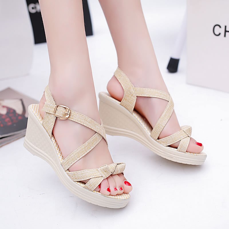 Peep Toe Cross-Strap Med Front Rear Strap Platform Wedges Women Sandals Solid Women Shoes Wedges Buckle Strap Sandals