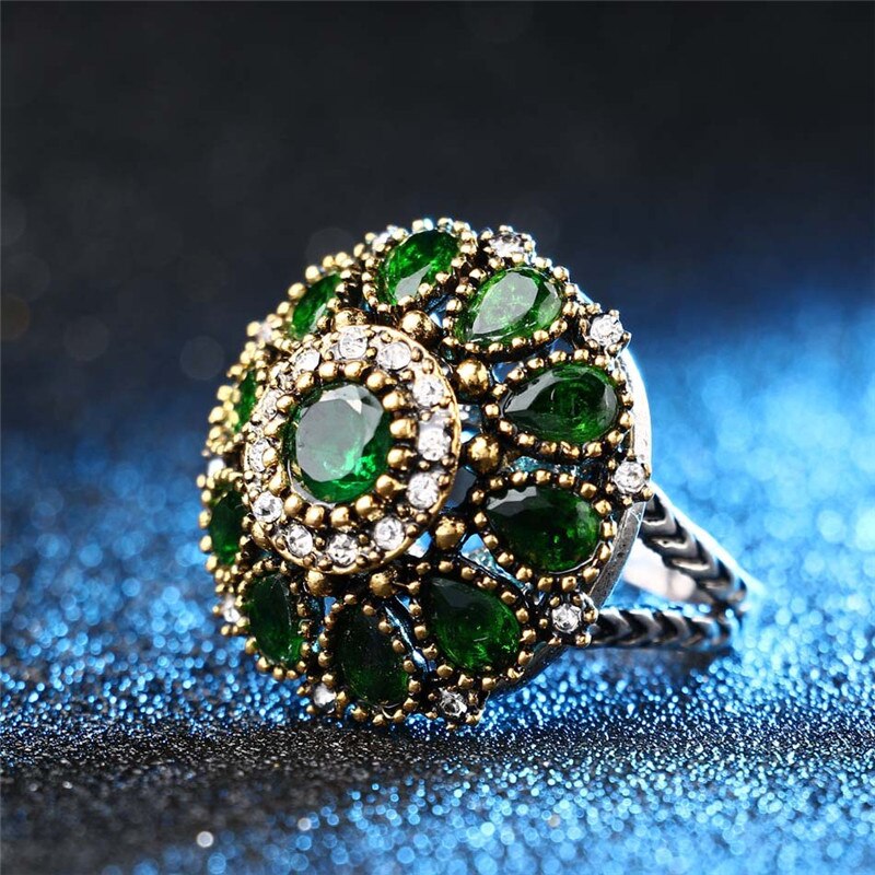 Luksus krystal blomster ring til kvinder smykker ringe kvinde vintage vielsesring kvinder dam retro fest ring: 7 / Grøn
