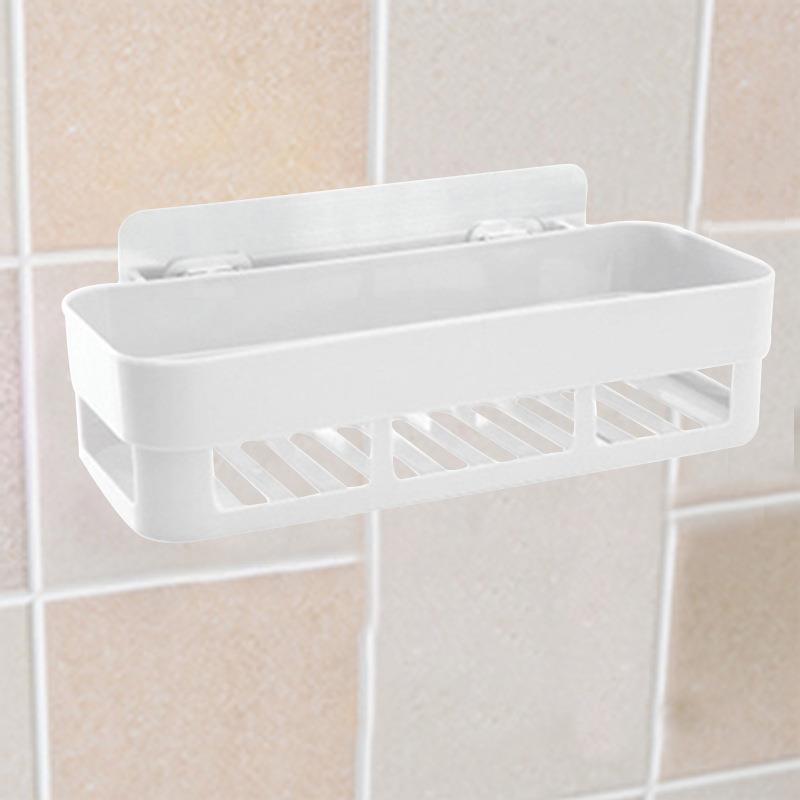 Bathroom Shower Shelf Rectangular Basket Plastic Suction Cup Storage Rack Shampoo Holder Household Kitchen Organizer Punch Free: White