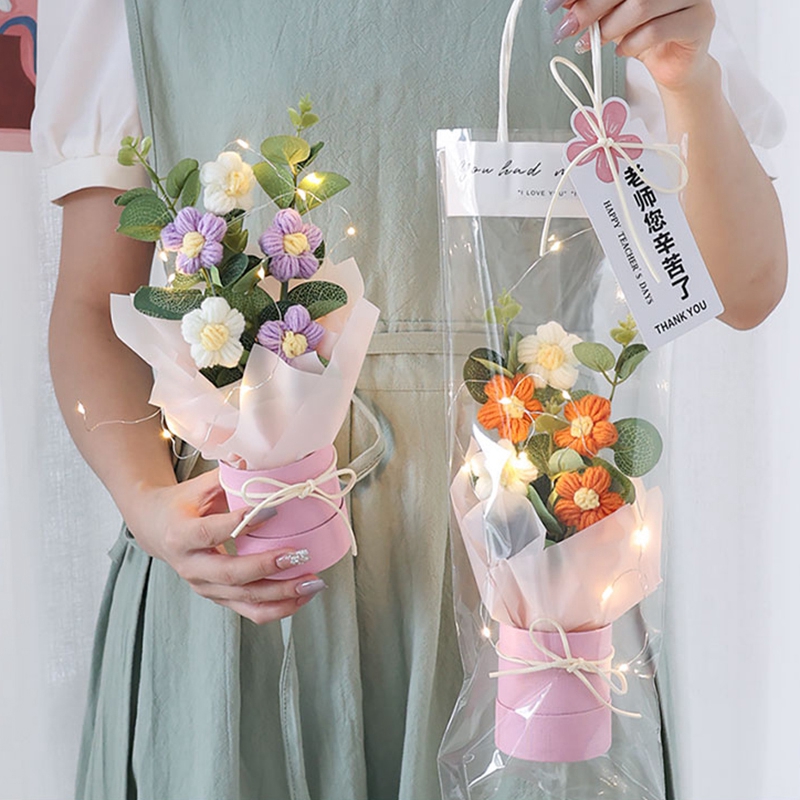 Flores de crochê abraçando balde buquê de flores artificiais mão tecido puff flores professores presentes de casamento dos namorados decoração de casa