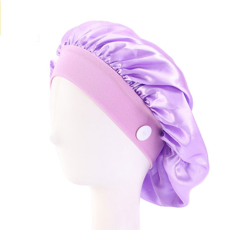 Satin Silk Nightcap Sleep Button Elastic More style Cap Nurse Hat Women Solid Long Hair Cap Hat Head Cover Bonnet Hat: Purple