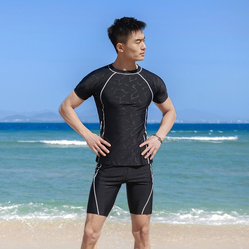 Two Piece Short Sleeve Surfing Swimsuit Men Plus Size Swimwear Shirt+shorts Korean Style Swimming Suit Maillot De Bain Homme