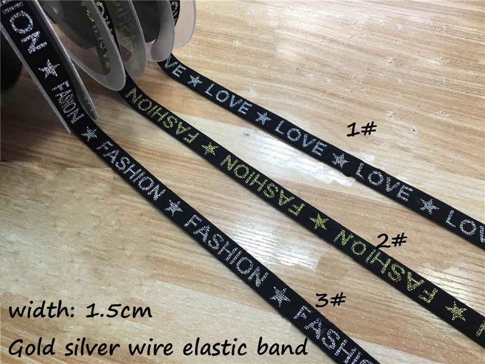 Breedte 1.5 cm Goud Zilver Draad Engels Brief Lint Zachte Platte Tailleband Veters Kleding Overhemd Rok Decoratieve Elastische Band A0208F: NO.3