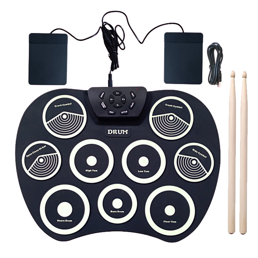 Portable Electronics Drum Set Roll Up Kit 9 Silicone Pads USB Powered with Foot Pedals Drumsticks Cable