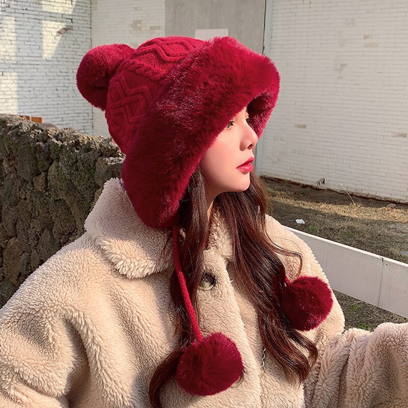 Gorro de nieve grueso con pompones para mujer, gorro cálido de punto, suave, , para esquí, Invierno