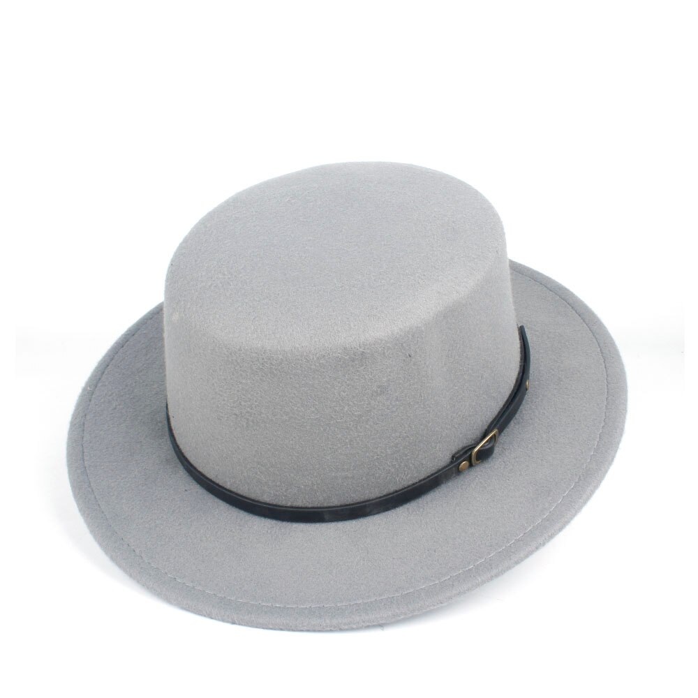 Men Women Flat Top Hat Winter Casual Hat Wool Trilby Fedora Hat Wide Brim Hat Size 56-58CM: Gray