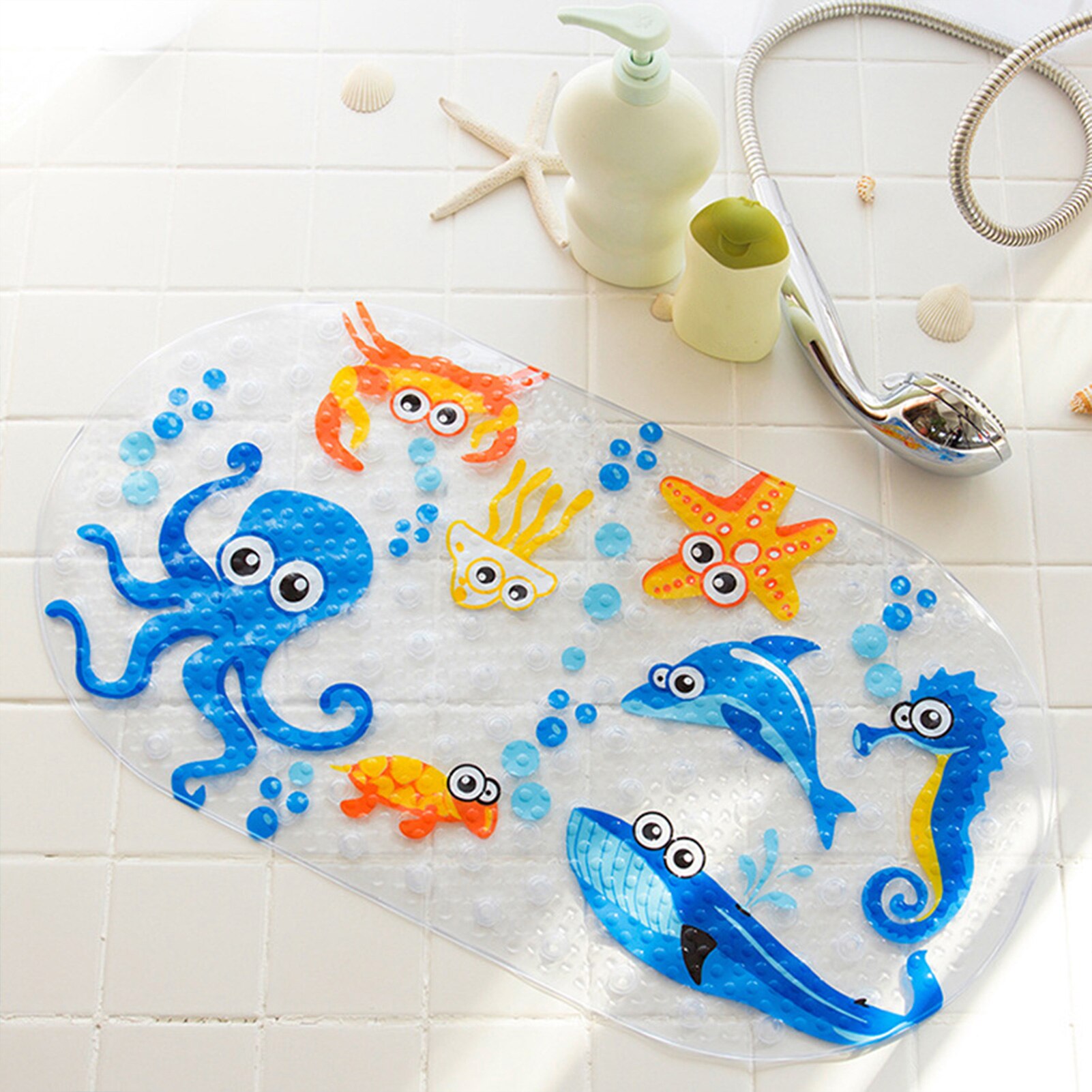 Children Bathroom Non Slip Mat Toilet Shower Room Foot Mat Bathtub Children Cartoon Deep Sea Fish Bath Mat With Suction Cup