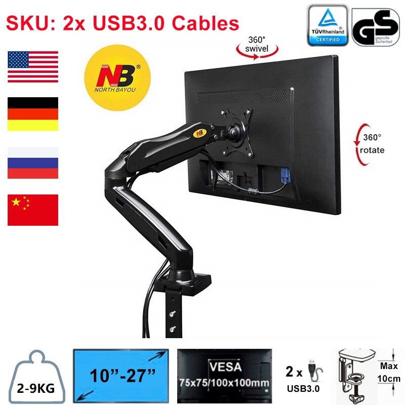 NB North Bayou – support pivotant pour écran LCD 17-30 &quot;F80, 2-9KG, avec 2 câbles usb3.0, pour ordinateur de bureau,: 2 x USB3.0 Cables