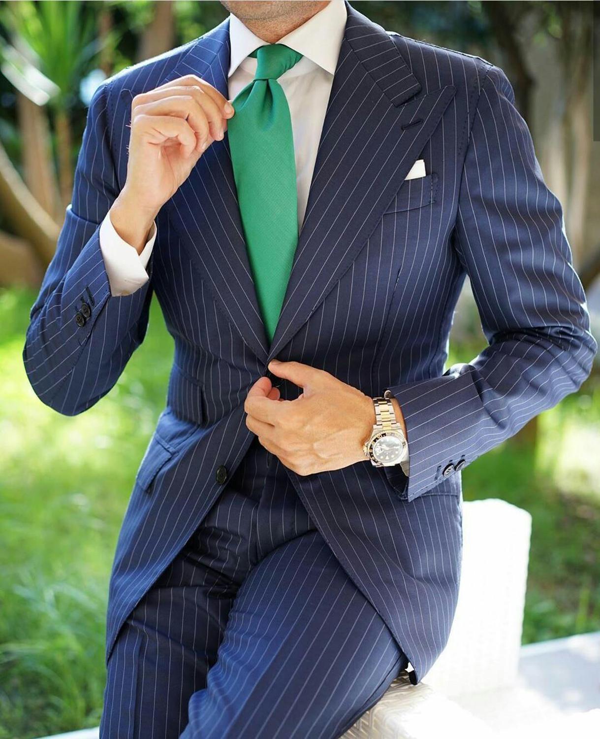 Marine Nadelstreifen Herren Anzüge Erreichte Revers Zwei Geschmack Bräutigam Hochzeit Geschäft Prom Party Blazer Jacke (Jacke + hosen)