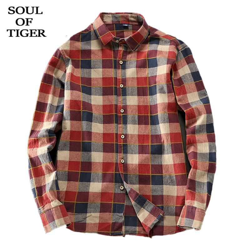 Soul of tiger stil koreansk streetwear mænd oversized plaid skjorter mænd afslappet bomuldstoppe efterår vintage tøj