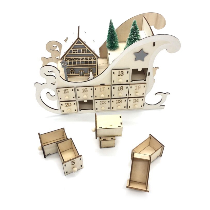 Boom Huis Slee Houten Advent Kalender Countdown Christmas Party Decor 24 Lades Met Led Licht