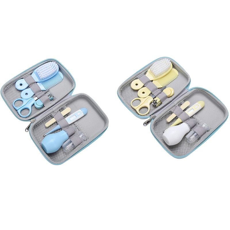 2 Set Baby Care Kit,Nail Clipper Manicure Scissors Nose Cleaner Hair Brush Bathing Tool-Blue & Yellow