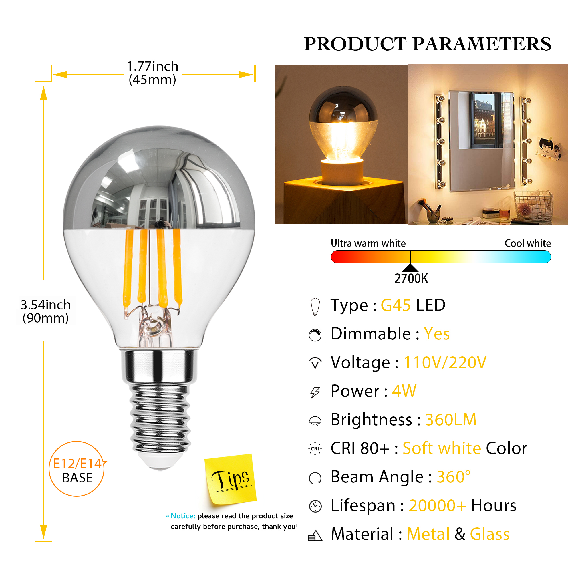 Genixgreen E12 E14 LED miroir ampoule variable 4W G45 haut argent couronne Globe 2700K décor couloir G14 demi Chrome Edison ampoule
