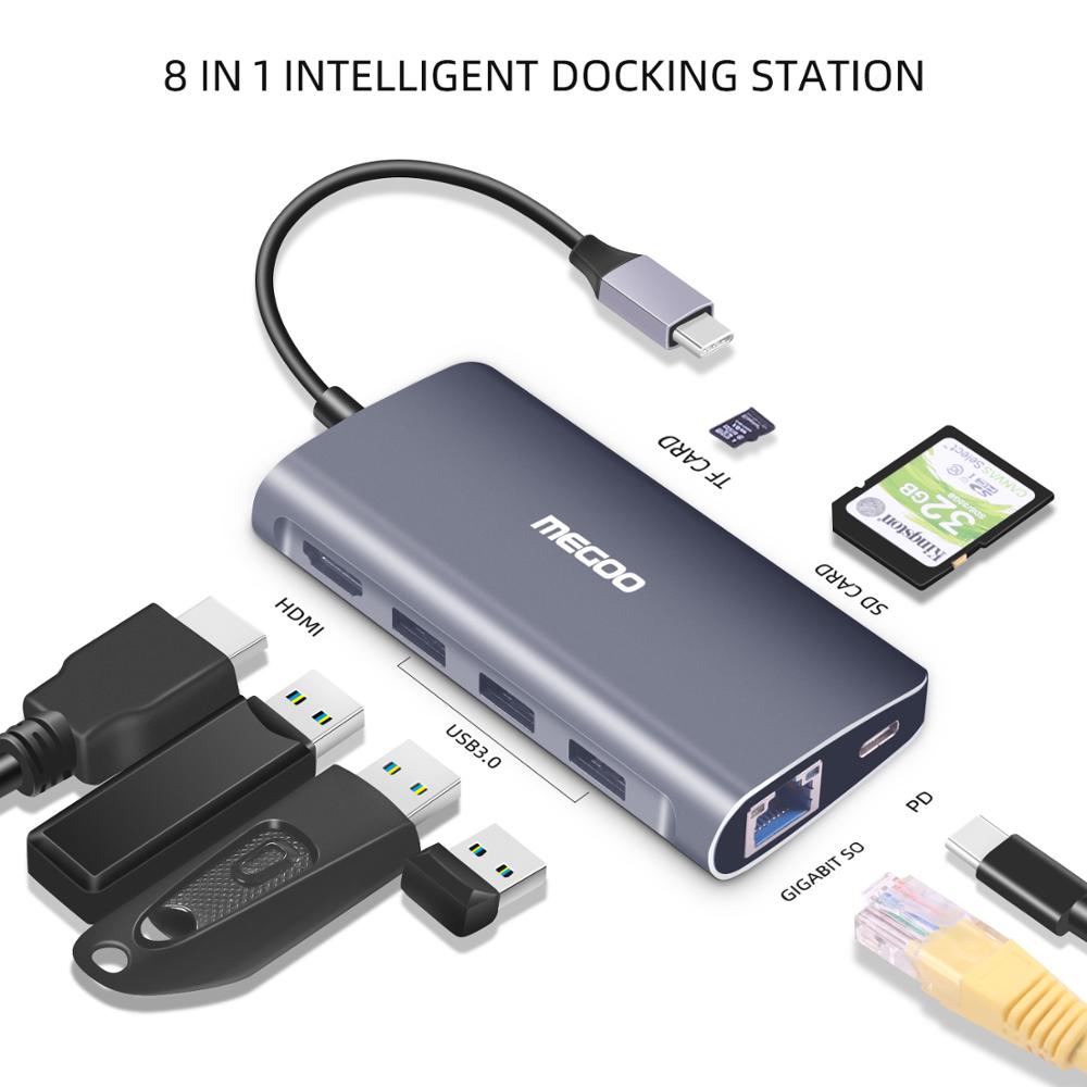 Megoo 8 in 1 USB C Laptop Docking Bahnhof Typ C zu VGA/HDMI/Ethernet/USB3.0/ PD Ladung Docking Bahnhof Für Oberfläche Gehen/Mac Profi