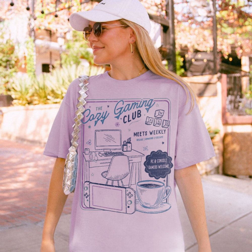Damen Rundhalsausschnitt, gemütliches Spielen-Verein-T-Shirt, für Mädchen, Gamer, 100 % Baumwolle, lockeres retro-Schulshirt, unisex-T-Shirt, Fantasy-Bekleidung, Y2K-oben: XXXL / Lavendel