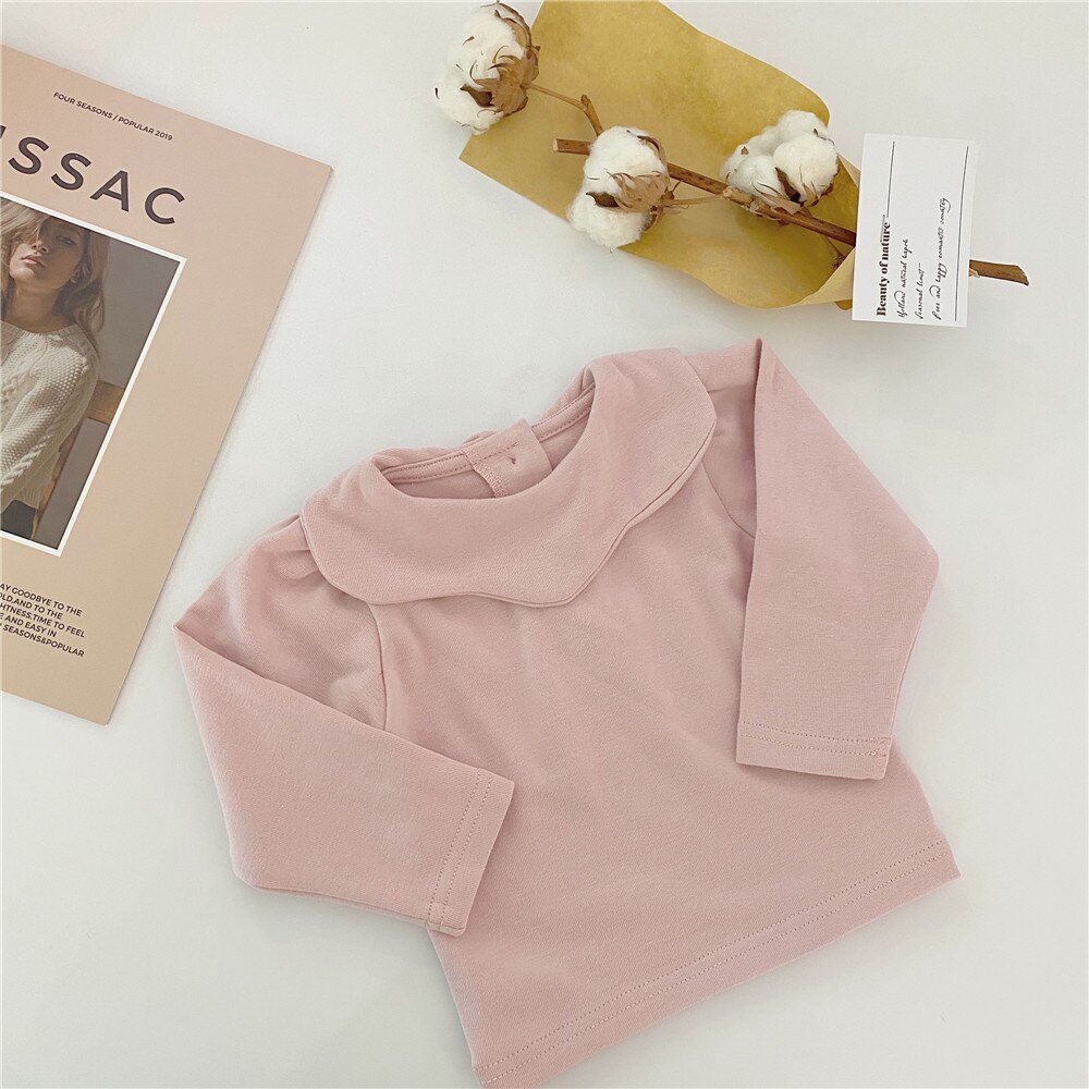 Meninas do bebê 0-2 anos bonito Pétalas gola base de manga longa t-shirts de algodão macio cor sólida all-combinar com Tops