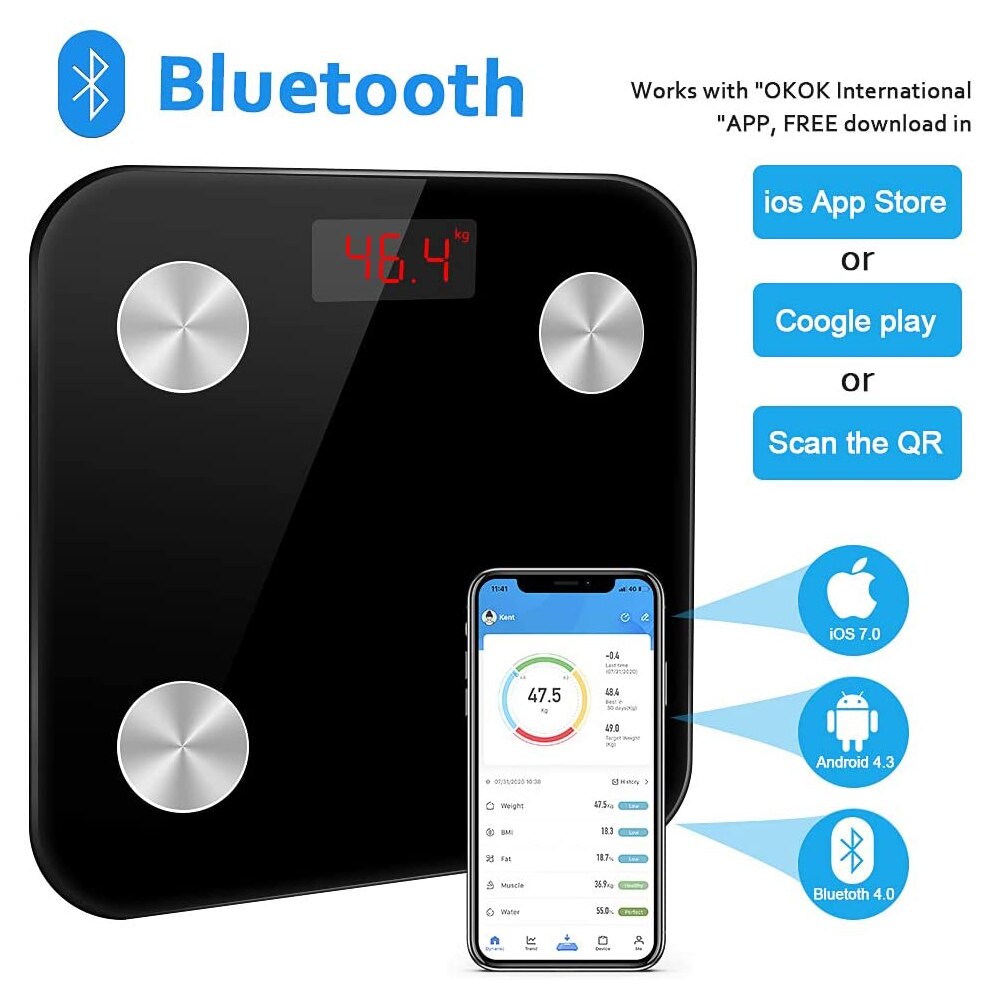 Bluetooth Scale Floor Bathroom Scale Smart Backlit Display Scale Balance Body Weight Fat Water Muscle Mass Composition Analyzer