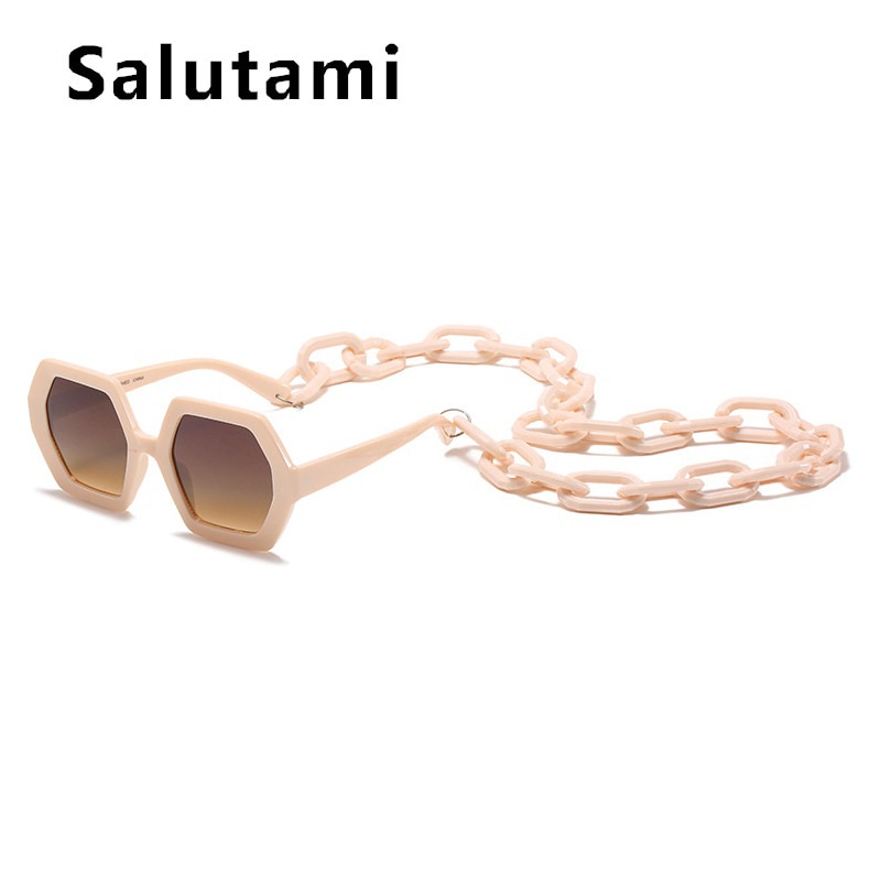 Unikt solbrille kædesæt til kvinder luksusmærke polygon firkantede solbriller kvindelige vintage punk briller beige mænd nuancer: Beige te