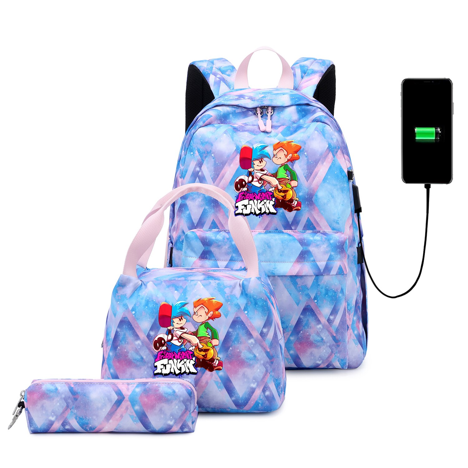 Funkin-mochilas escolares para adolescentes, niños y niñas, juego de Mochila de viaje con carga USB, bolsa de libros para estudiantes, Juego de 3 unids/set: 003