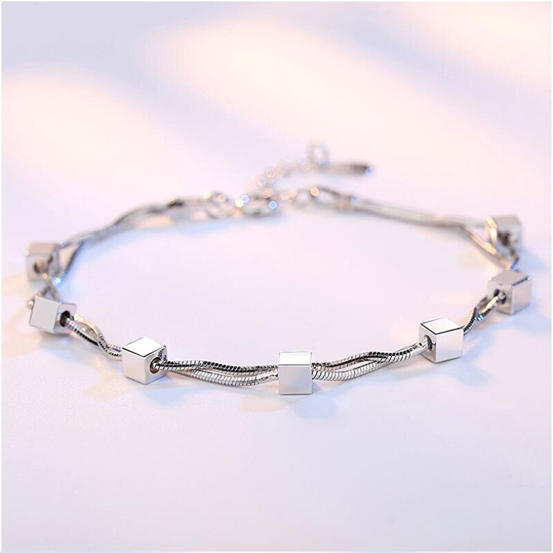 Pulsera de plata de ley 925 para mujer, pulsera tobillera de doble cadena cuadrada, pulsera de estrella para mujer, pulsera S-B167