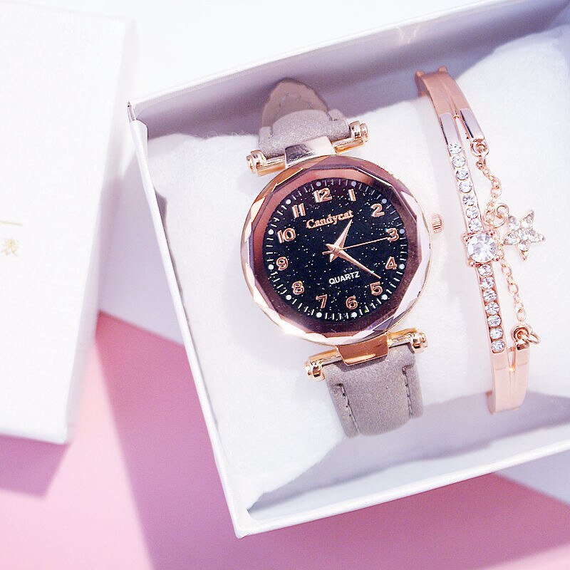 Starry Sky Bracelet Watches Casual Women Watches Bracelets set Leather Analog Quartz Wristwatches Clock relogio feminino: Grey Color Bracelet