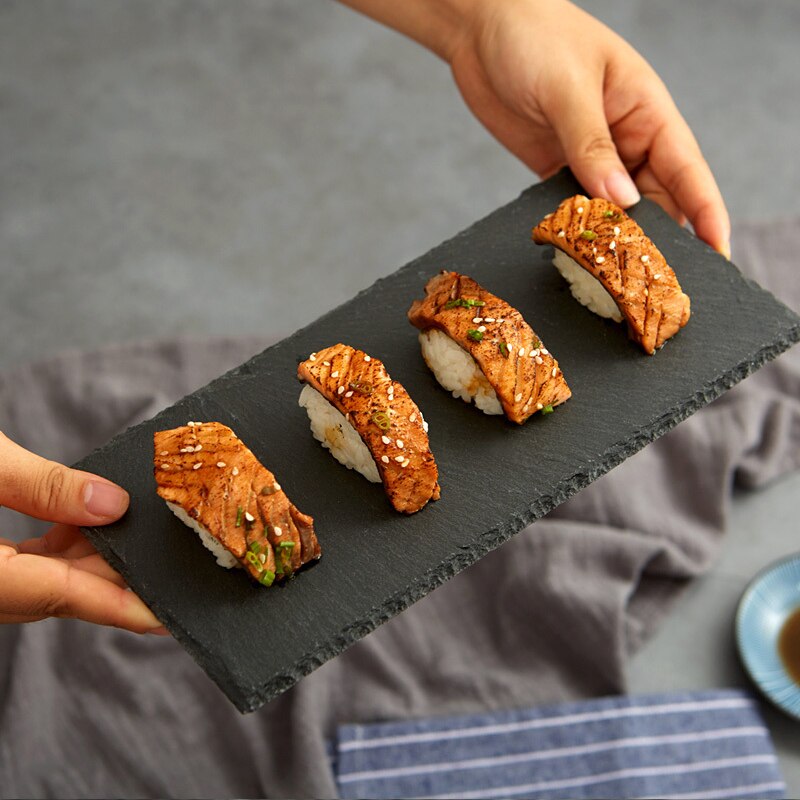 Rectangle Black Rock Plate Slab Round Natural Slate Dinner Plates Pasta Sushi Food Photography Props Serving Tray Cake Dishes