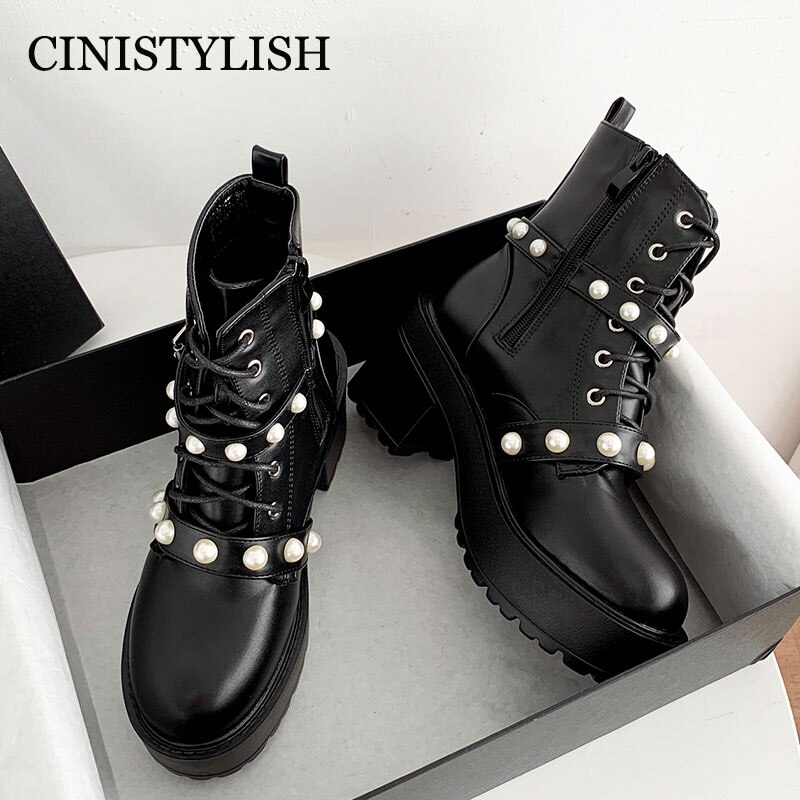 Zapatos góticos de demonio con hebilla de perla para mujer, botines de estilo gótico con plataforma Punk, botas con cordones,