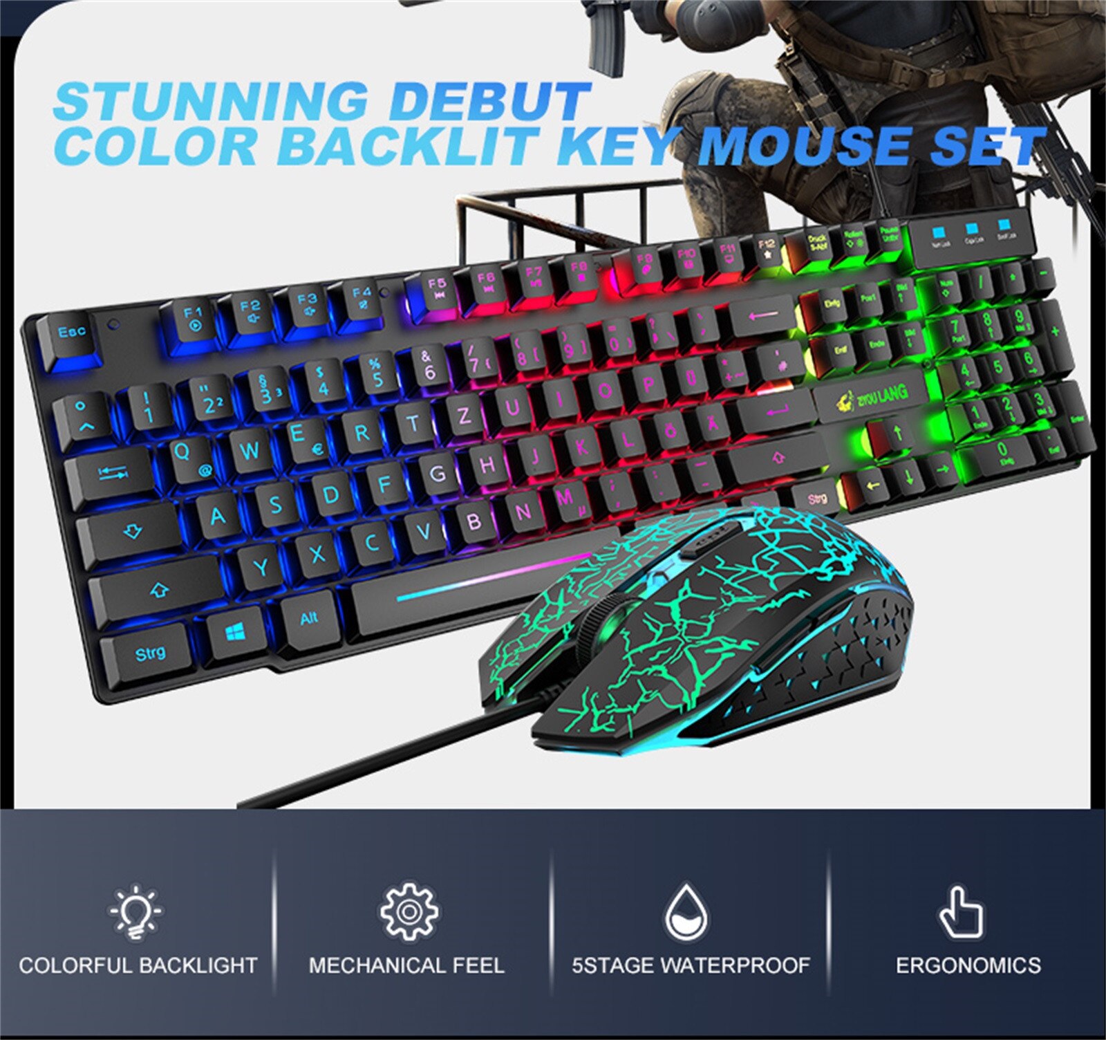 keyboard and mouse set T13 rainbow backlit USB ergonomic gaming keyboard and mouse set for PC laptop