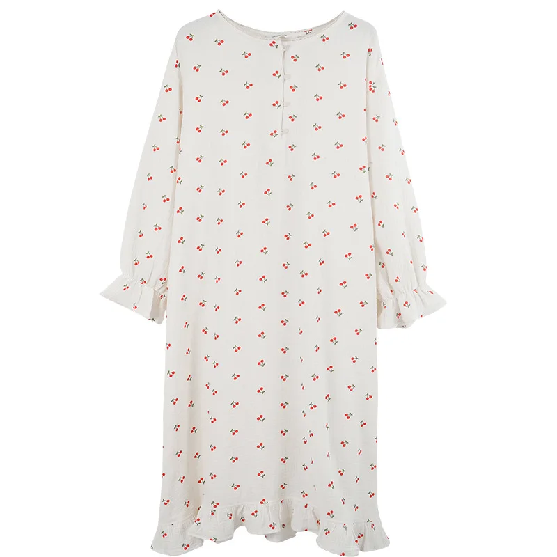 100% algodão mulher vestido bonito cereja impressão manga longa botão até coreano maxi vestidos confortáveis homewear vestido de mujer: Preto