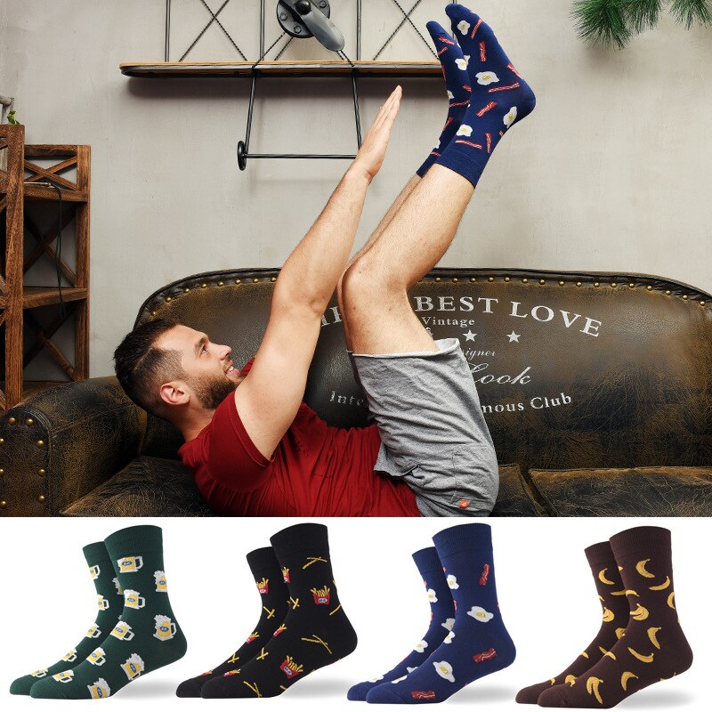 Calcetines divertidos de algodón peinado para hombre y mujer, medias con diseños divertidos, desayuno, cerveza, patatas fritas, Bacon, plátano, huevos fritos, comida, dibujos animados