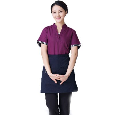 Western Restaurant Work Uniform Coffee House Waiter Short Sleeve Workwear Beer Bar Waitress Clothing Cheap Uniform And Apron Set: women purple / L
