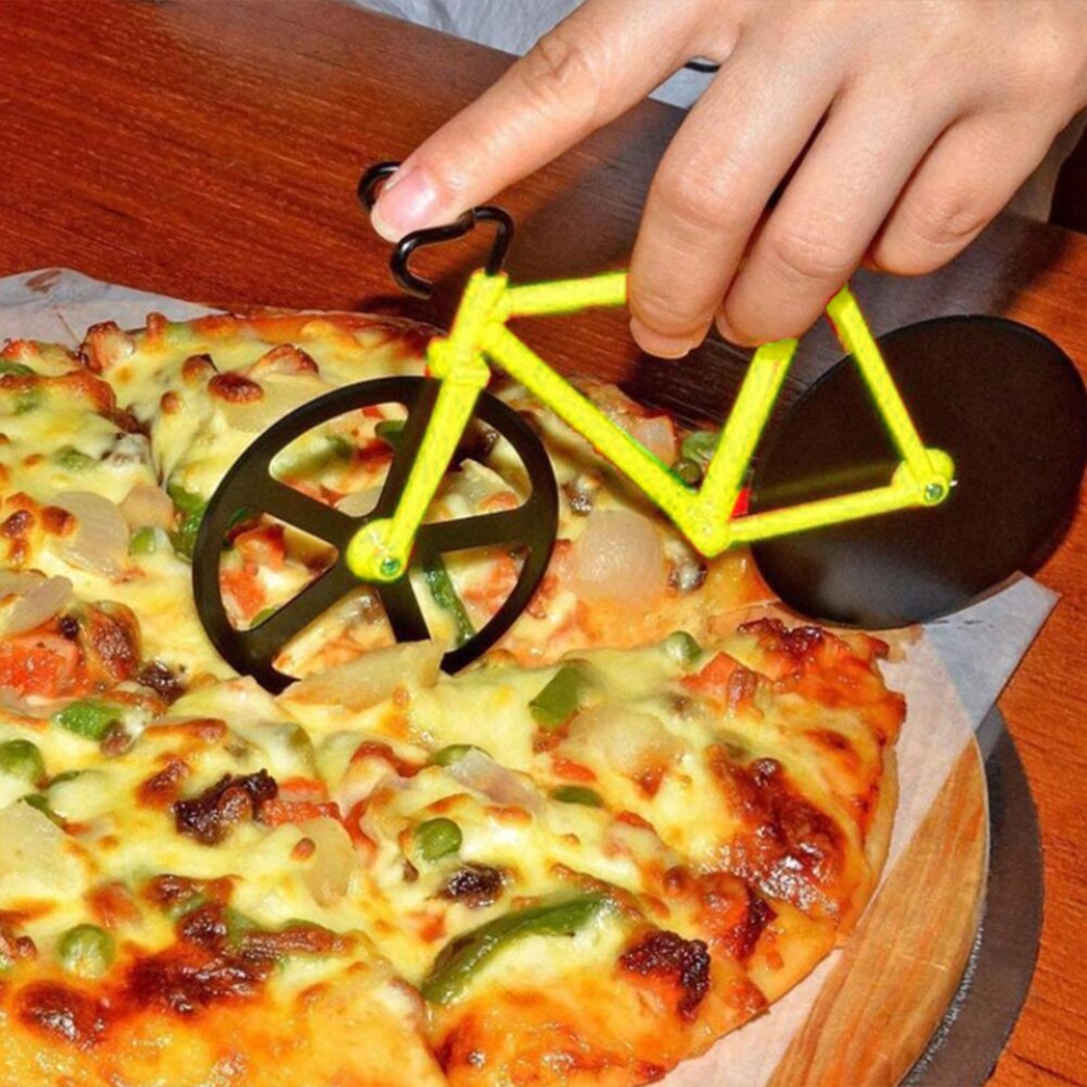 Cortador de Pizza con forma de bicicleta, cuchillo antiadherente de dos ruedas para cortar Pizza con soporte, herramienta de Pizza de acero inoxidable, suministros de cocina