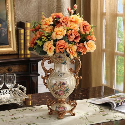 Luxury European Resin Vase Stereoscopic Dried Fowers Arrangement Wobble Plate Living Room Entrance Ornaments Home Decorations