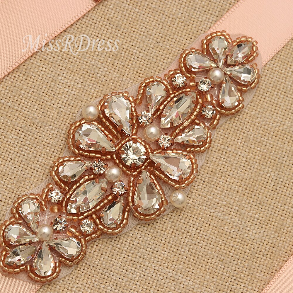 MissRDress Rhinestones Pearls Bridal Belt Hand Beaded Wedding Belt Rose Gold Crystal Bridal Sash For Wedding Dresses JK894