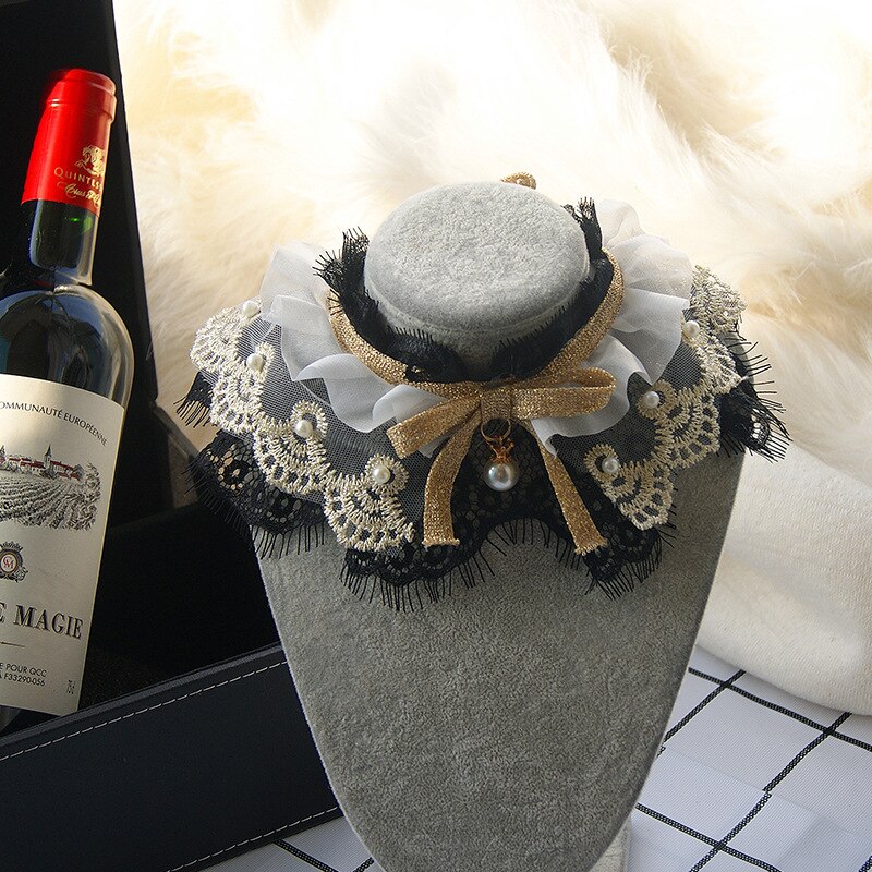 Collier en dentelle à trois couches pour animaux de compagnie, fait à la main, petit nœud cloche, bavoir pour chien et chat, décor de maison, à la: Black / XS