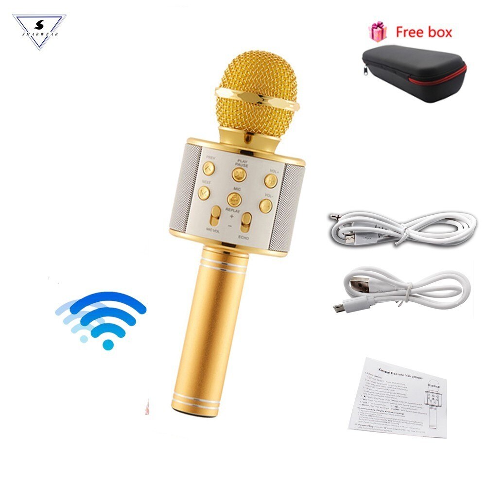 WS 858 Wireless Microphone Karaoke Condenser Mic Wtih Bag Bluetooth Stand Radio Mikrofon Studio Recording Mic WS858: gold with box