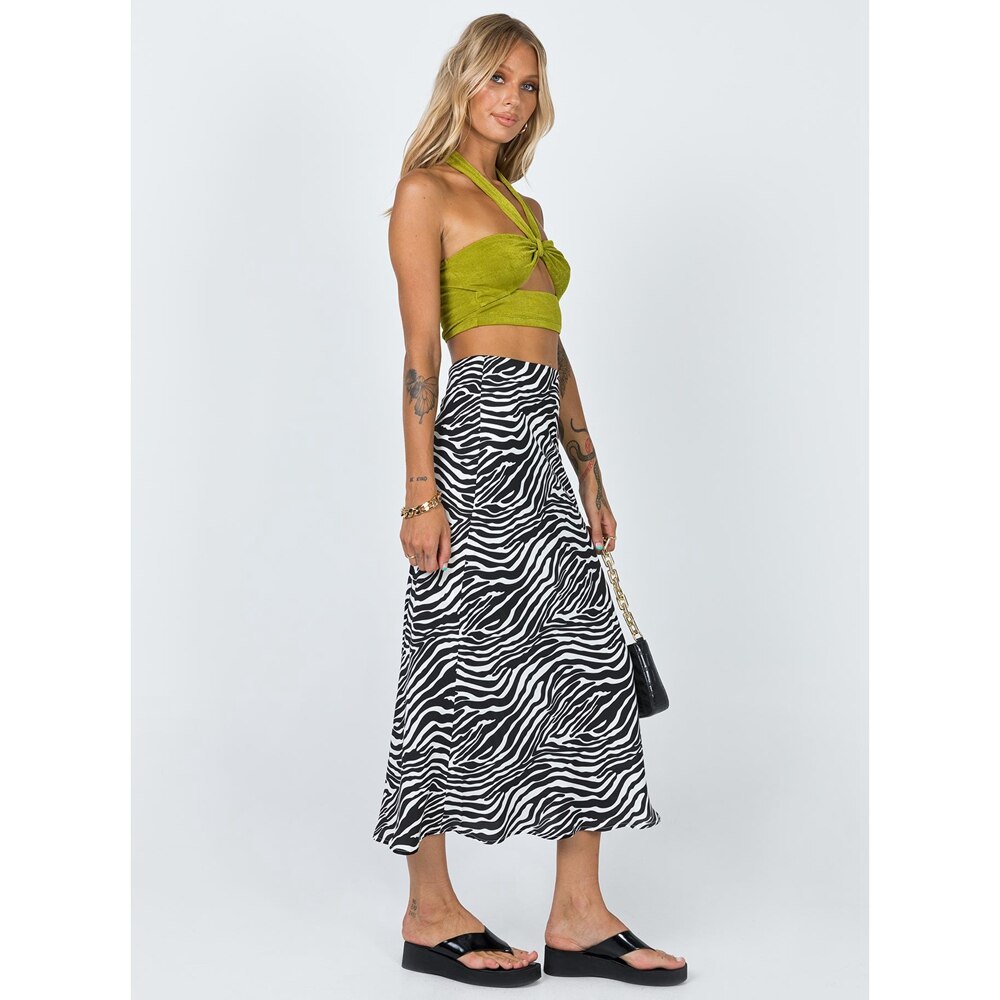 Vintage Women Maxi długa spódnica dla dorosłych z wysokim stanem Zebra-Stripe/kwiatowy nadruk niewidoczna spódnica z falbankami