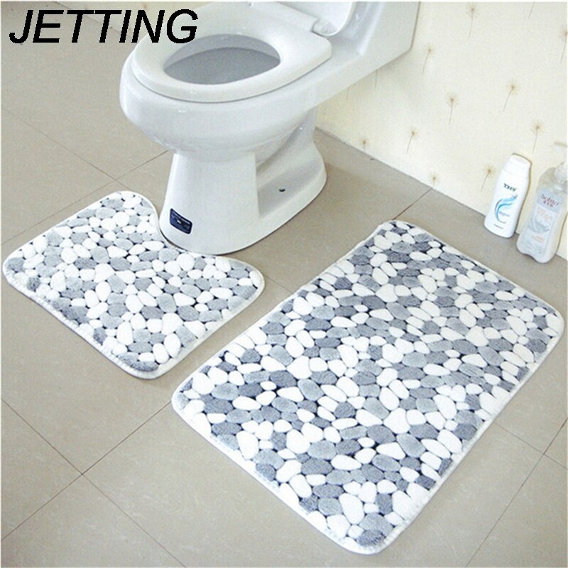 2pcs Cotton Pebble shape Absorbent Soft Bath Pedestal Mat Toilet Non Slip Floor Rug Set Washable Sanitary Ware Suite