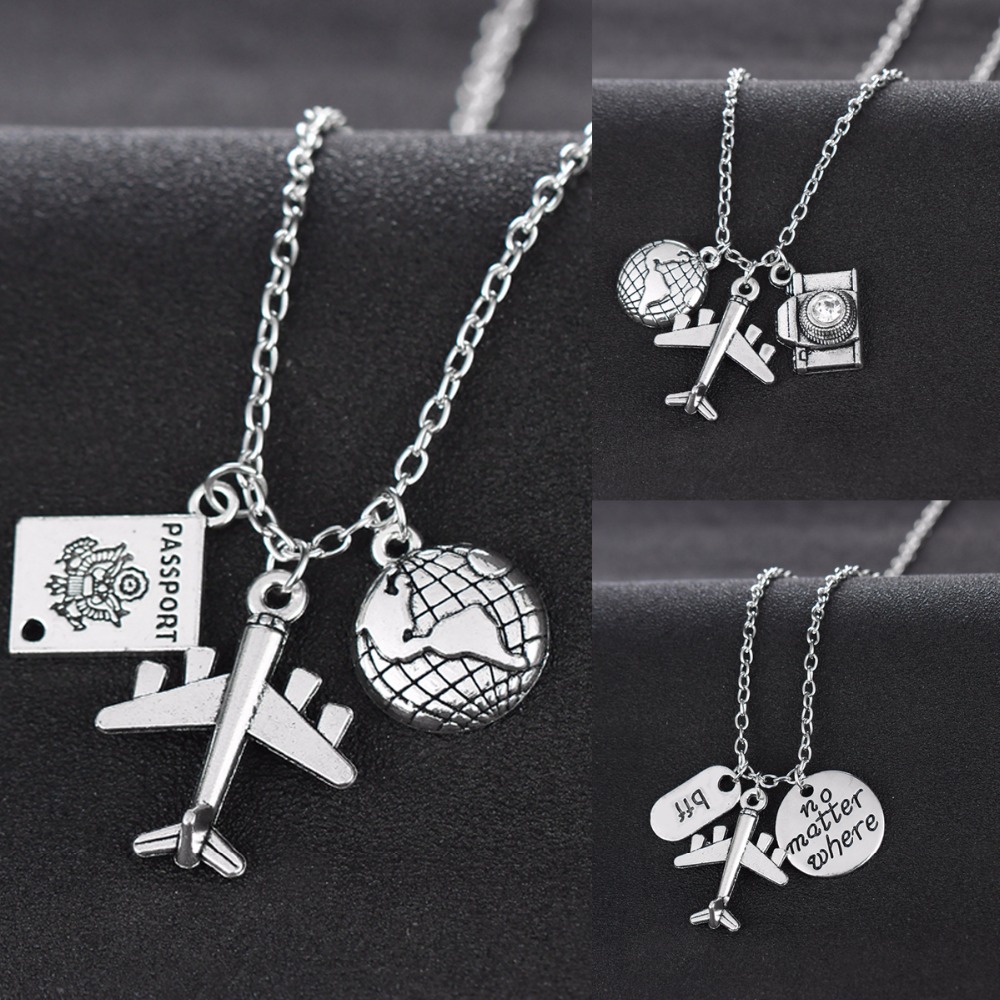 Best Friends Wanderlust Travelers Necklaces Globe Earth Aircraft Plane Passport Pendant Traveling The World Necklace Collar