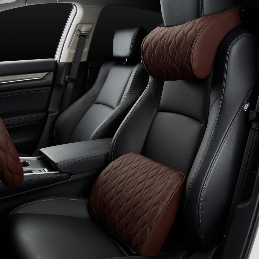 Memory Foam Auto Hoofdsteun Kussen Lederen Geborduurde Seat Ondersteunt Sets Rugkussen Aanpassing Auto Neksteun Lumbale Kussens: Coffee set