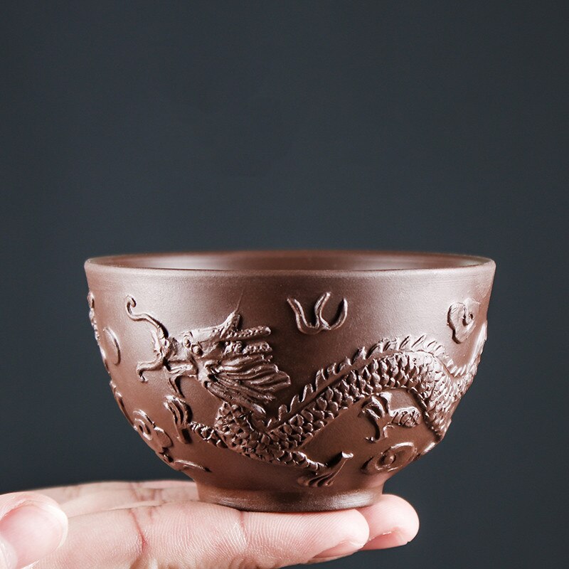 Yixing-tazas de té de arcilla púrpura de dragón tallado a mano, taza maestra china, suministros para beber para el hogar, 4 piezas